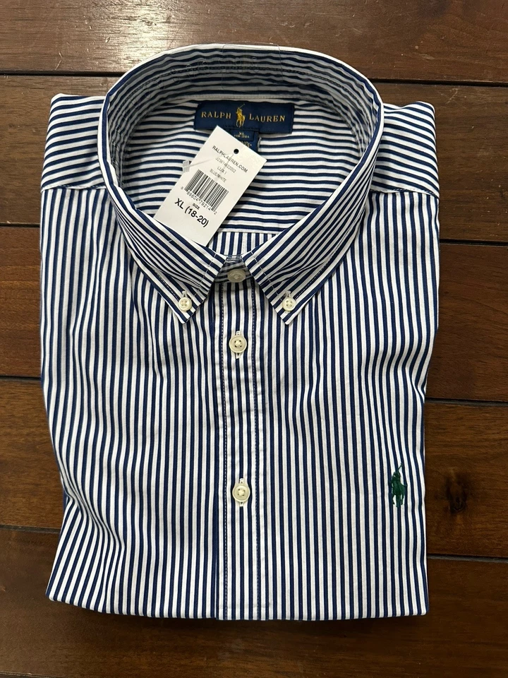 Ralph Lauren Niños XL 18-20 Camisa Abotonada Azul Blanco Manga Larga Polo Logo Foto 1 de 3