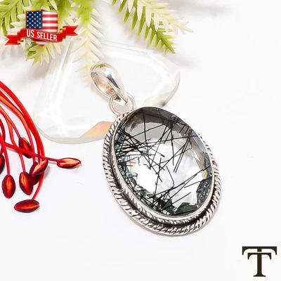 Oferta de Día de Acción de Gracias Colgante de Piedra de Cuarzo Rutilado Negro Plata de Ley 925 Foto 1 de 4