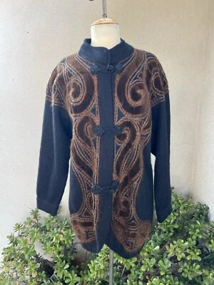 Cárdigan Suéter De Colección Negro Mezcla Mohair Terciopelo Estampado Remolino Talla M/L Foto 1 de 4