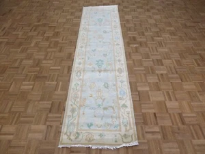 2'7 x 10 Runner Hand Knotted Sky Blue Modern Oushak Oriental Rug G15957 - Picture 1 of 12