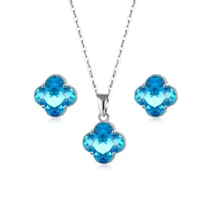 Clover Amethyst Garnet Pink Sky Blue Topaz Gem Silver Stud Earrings Necklace Set - Picture 1 of 12
