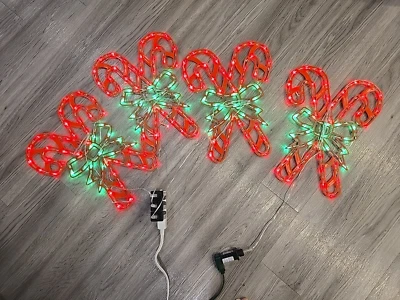 4件装圣诞灯2糖果手杖带绿色蝴蝶结窗剪影假日装饰 — 第 1/4 张图片