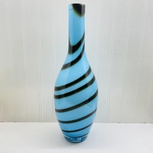 Large Art Glass Blue Black Swirl Vase 16" Made In Poland - Picture 1 of 9