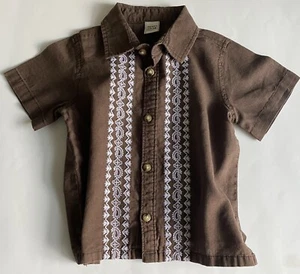Boy’s Old Navy Guayabera Dressy Shirt Brown Embroidered Linen Blend Button 2T - Picture 1 of 6