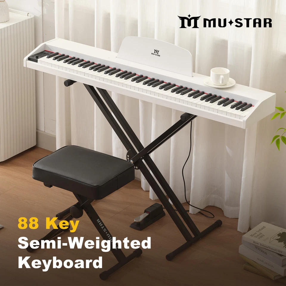 ♬Mustar 88 Key Semi Weighted Digital Piano Portable Keyboard Stool Chair - Image 1 of 4