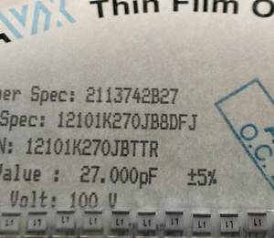 3 Stück AVX 27pF/100V Tol 5% 1210 SMD RF/Microwave Thin Film Cap Accu-P  (M1625) - Picture 1 of 1