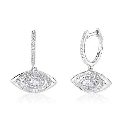 14K White Gold Marquise Diamond Earrings Drop Dangle Eye Shape Natural 0.40 CT - Image 1 of 3