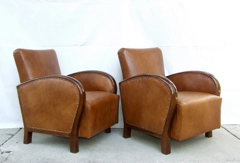 Pair Art Deco Leather Armchairs. Club Cocktail Chairs. Antique Vintage Halabala Cover