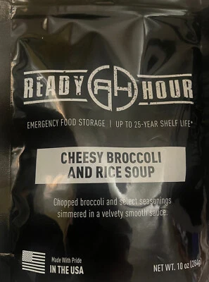 READY HOUR ESSENTIALS Cheesy Broccoli & Rice Soup Emergency Survival Food Pouch Kit 25 Year Shelf Life