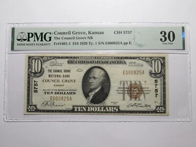 $10 1929 Council Grove Kansas KS National Currency Bank Note Bill Ch. #5757 VF30 - Image 1 of 4