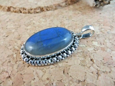 Large Blue Gray Labradorite Gemstone Pendant Sterling Silver 925 1 3/4"  #378 - Image 1 of 4