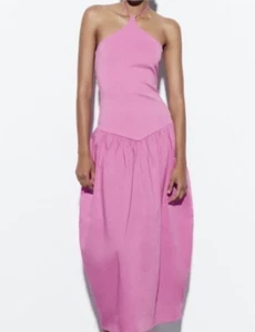 ZARA Halter Midi Long Basque Drop Waist Vacation Beach Dress Lilac Purple Pink S - Picture 1 of 10