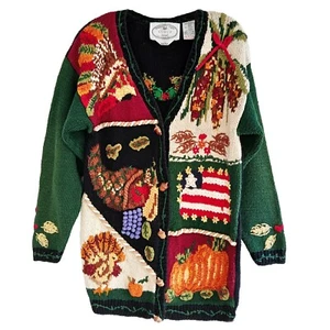 VTG Eagle's Eye Size M 1995 Thanksgiving Green Brown Red Hand Knit Cardigan - Picture 1 of 15
