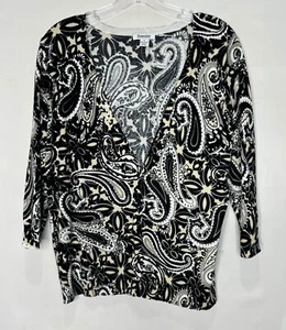 Hampshire Studio Woman’s Cardigan sz Lg Sweater Black Beige White Paisley Button - Picture 1 of 8