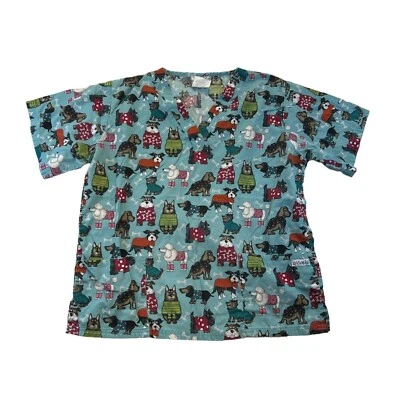 UA Scrubs Top Womens Medium Blue Medical Dogs Puppies Sweaters Bones - Image 1 of 4