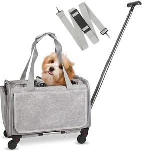 NEW Gray 17"Lx11W Airline Handle Up to 25lbs Cat Dog Pet Wheeled Rolling Carrier - Picture 1 of 15