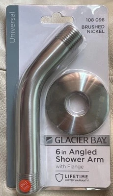 "Brazo de ducha y brida Glacier Bay níquel cepillado 108-098 6"" nuevo en paquete universal en ángulo" Foto 1 de 2
