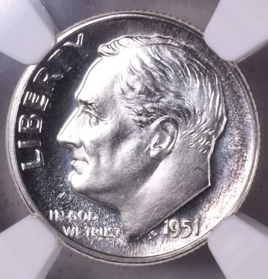 Moneda de diez centavos de plata Roosevelt 1951 - camafeo NGC PF66  Foto 1 de 2