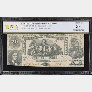 1861 Confederate Currency T-20 $20 CSA Civil War - PCGS 58 Choice AU SERIAL 2000 - Picture 1 of 5