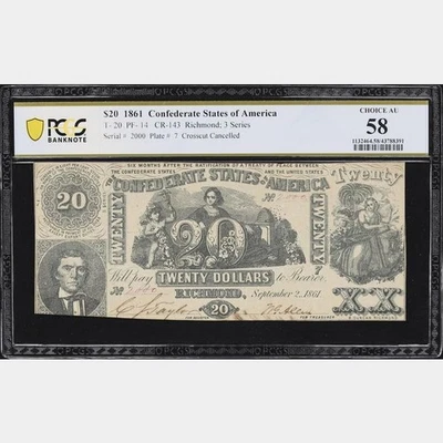 1861 Confederate Currency T-20 $20 CSA Civil War - PCGS 58 Choice AU SERIAL 2000 - Image 1 of 4