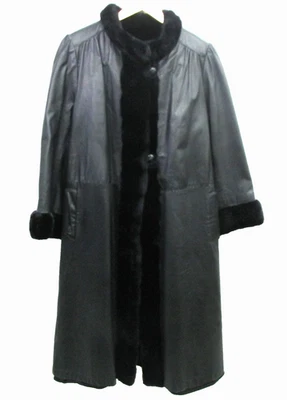 D'Esprit 女式复古双面长外套黑色皮革带人造毛皮衬里 — 第 1/4 张图片