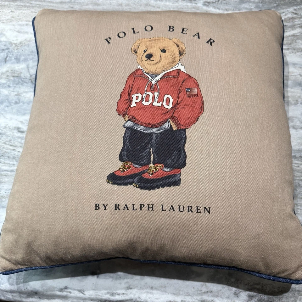 "ALMOHADA POLO BEAR RALPH LAUREN PLUMÓN DE GANSO VINTAGE EE. UU. 18""x18"" AZUL ESPALDA EE. UU." Foto 1 de 4