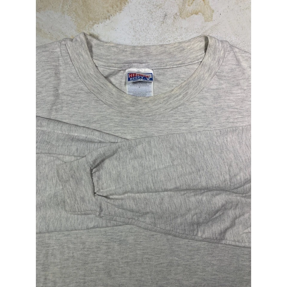 VTG Hanes Beefy T Mens L Long Sleeve T Shirt Ash Gray Grunge Y2K - Image 1 of 4