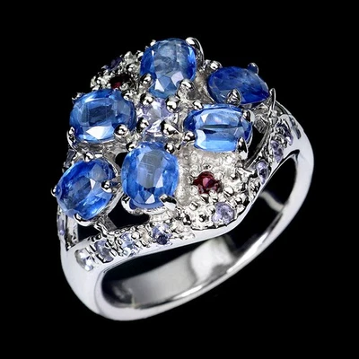 Anillo de plata de ley 925 ovalado cianita rodolita tanzanita piedras preciosas tamaño de joyería  Foto 1 de 4