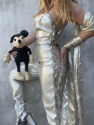 Vintage 1930s 1940s Silver Lamé Jumpsuit Lace Up Sides Costume Playsuit Showgirl - Image 1 of 4