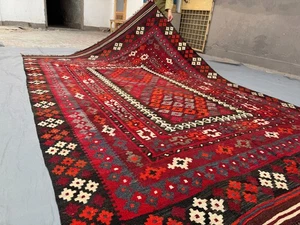 7x10 Vintage Afghan Flat-Weave Kilim Rug Red Tribal Geometric Wool Area Rug - Picture 1 of 12