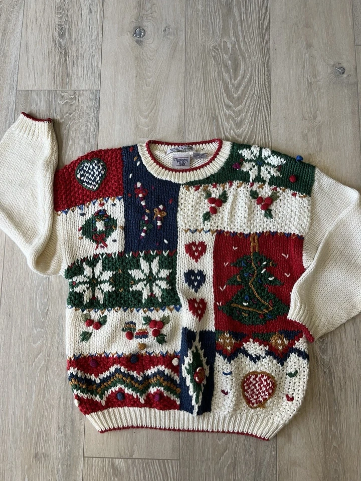 Suéter Pullover Vintage Años 90 Navidad Grueso Tejido a Mano Huntington Ridge • Talla M Foto 1 de 4