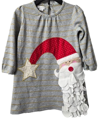 Mudpie Christmas Santa Dress 3T Embroidery 3D Applique Holiday Sparkle Gray Gold - Image 1 of 4