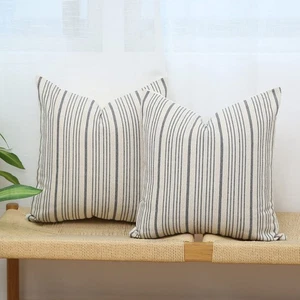 Grey and Cream Farmhouse Throw Pillow Covers 18 x 18, Modern Accent Square De... - Picture 1 of 7