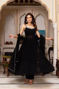Indische Designer Georgette Spiegelarbeit Kurta Plazzo mit Dupatta Set Vollnaht - Bild 1 von 37