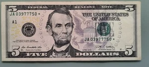 2009 Five Dollar Federal Reserve Note $5 STAR NOTE Circulated #96478 - Picture 1 of 2
