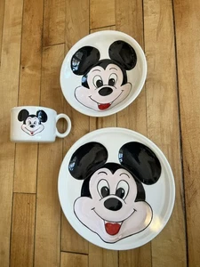 Vintage Mickey Mouse Hand Painted Pottery Plate Bowl & Mug (chipped) Disney Set - Picture 1 of 8