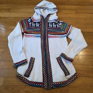 Peruvian Alpaca Wool Llama Hoodie Cardigan Sweater Rainbow Knit Crochet Size S/M - Picture 1 of 6