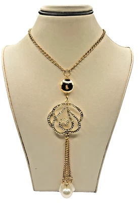 Gold Plated Statement Necklace with Crystal Rose Pendant & Faux Pearl Drops - Image 1 of 4