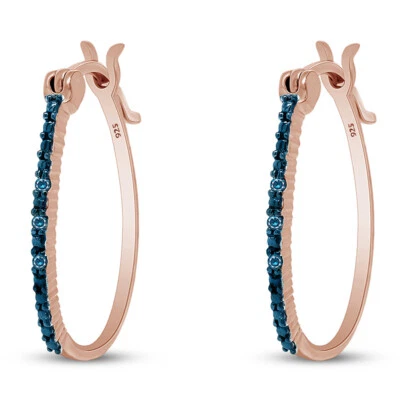 Pendientes de aro redondos azules con detalles de diamantes naturales enchapados en oro rosa de 14 quilates en plata Foto 1 de 4