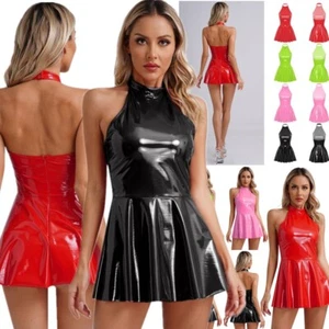 Womens Wet Look PVC Leather Bodycon Mini Dress Halter Backless Club Party Dress - Picture 1 of 43