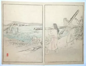 JAPANISCHER Holzschnitt STRAND TREIBHOLZ Original 1880er Meiji Japan Vintage - Bild 1 von 2