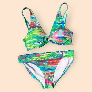Lauren Ralph Lauren Coral Print Ikat Stripe Colorful Two Piece Bikini Women M/L - Picture 1 of 18