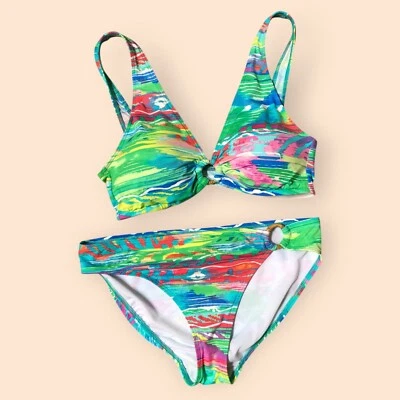 Lauren Ralph Lauren 珊瑚印花 Ikat 条纹五颜六色的两件比基尼女式 M/L — 第 1/4 张图片