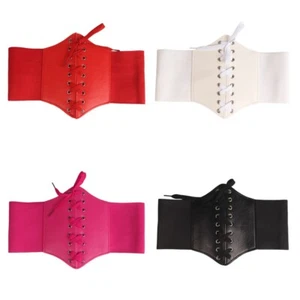 Women Strap Elastic Wide Waistband Corset Solid Faux Leather Cinch Tassel Belt - Picture 1 of 12