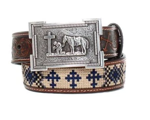 3D Western Boys Belt Leather Youth Belt Aztec Embroidered Floral Brown D12000240 - Picture 1 of 1