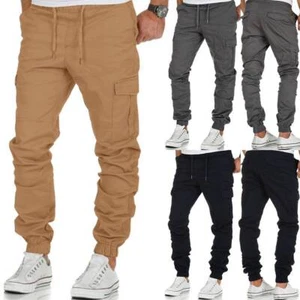Men Drawstring Cargo Elastic Waist Pants Casual Work Combat Trousers Sweatpants - Picture 1 of 20