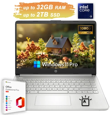 HP Laptop Computer 14 FHD Backlit Intel i3 Upto 32GB RAM 2TB SSD Office 2024 Pro - Image 1 of 4