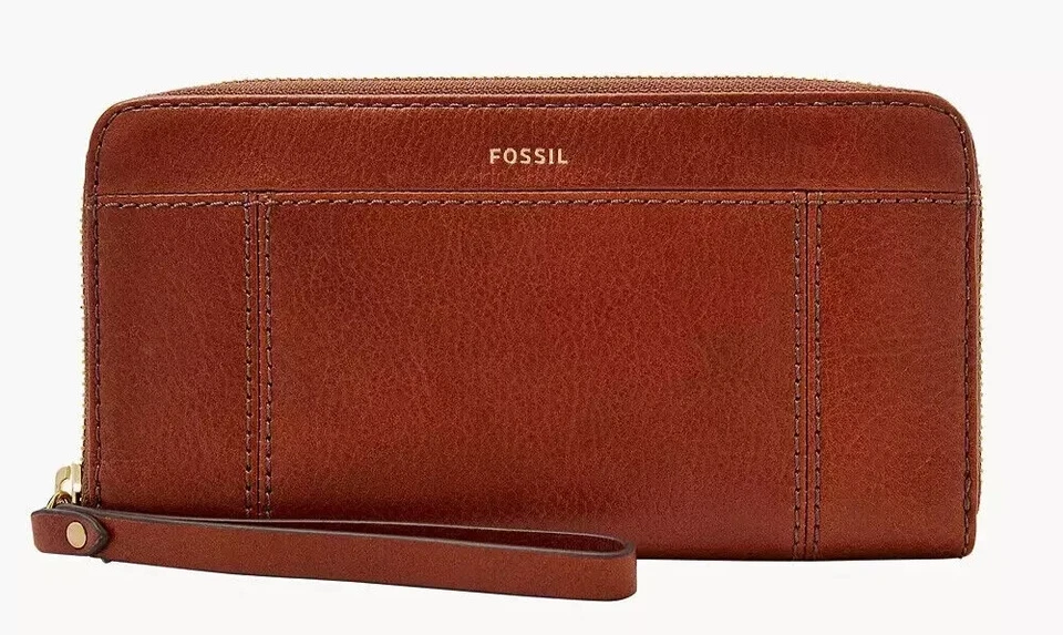 Fossil Jori Zip Clutch Wristlet RFID Wallet Leather Medium Brown