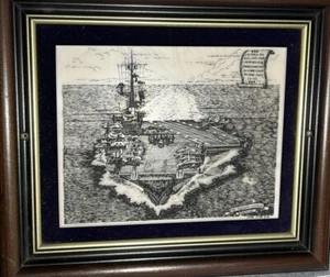 USS Coral Sea Navy Ship Ageless Warrior Etched Marble Framed John Wills Studio - Picture 1 of 4