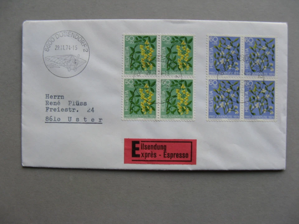 SWITZERLAND, expresse cover FDC 1974, 2 blocks of 4, ao mistletoe - Image 1 of 1